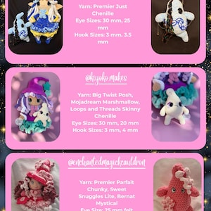 May include: A collection of handmade crochet dolls in various colors and designs. The dolls include a blue and yellow figure, a white and blue figure, a doll with a purple hat, and a pink starfish-like doll. The image includes text with the names of the creators and yarn details.