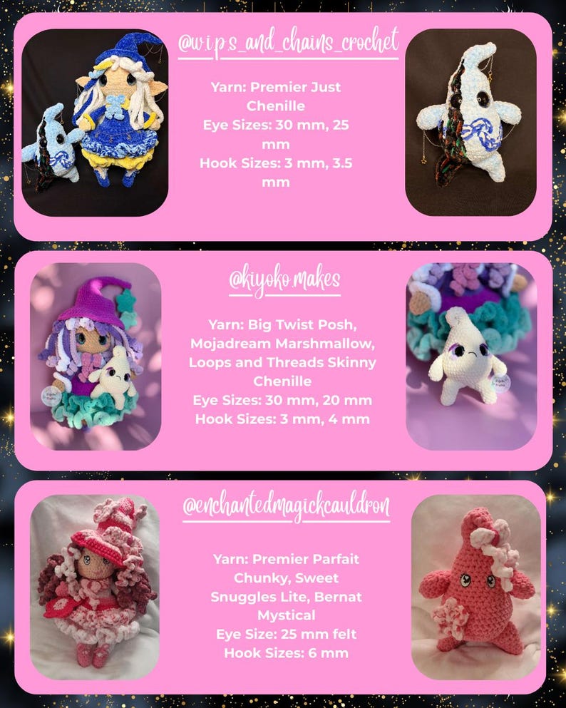 May include: A collection of handmade crochet dolls in various colors and designs. The dolls include a blue and yellow figure, a white and blue figure, a doll with a purple hat, and a pink starfish-like doll. The image includes text with the names of the creators and yarn details.