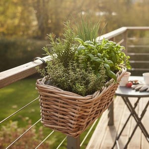 Peut inclure: Un pot en osier tressé, rempli d'herbes aromatiques, est suspendu à une balustrade en bois. Le pot contient du romarin, du basilic et de la ciboulette. Une petite table avec une tasse de café et des gants de jardinage est à proximité.