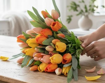 Künstliche Tulpen im Bund (7 Stück) – Rosé, Gelb oder Orange – Real Touch Tulpen – Frühlingsdeko langlebig – Kunstblumen Strauß