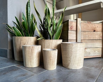 Lot de 5 rustiques : pots de fleurs en bois naturel.