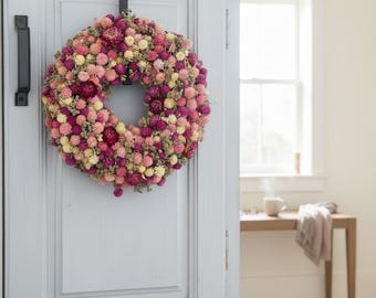 Wianek z suszonych kwiatów 30 cm różowy | Wianek na drzwi wiosna lato | Dekoracja ścienna z wiankiem z truskawek | Wianek boho | z uchwytem lub bez