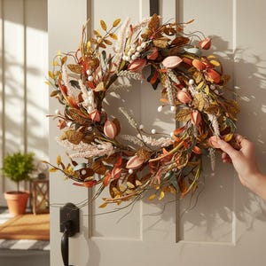 Herbstlicher Kunstkranz 55 cm – wetterfest, biegsam – Herbst Deko für Tür Wand Fenster – formbar & langlebig – Naturfarben