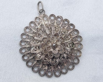 Vintage antik großer silberner filigraner 3d Blumen Anhänger