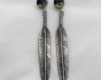 Vintage Zuni Sterling Inlay Sonnengesicht Feder Ohrringe