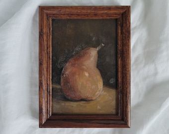 Red Pear no.1 - Original Signed Still Life Oil Painting on Wood Panel - 5x7in - SHIPS FRAMED in Vintage Wooden Frame