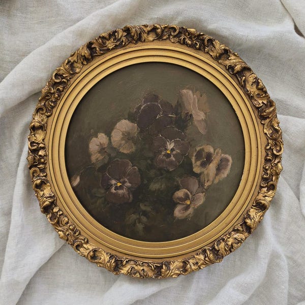 Original floral oil painting:  Framed in antique round wooden ornate frame, 10.5x10.5 inches