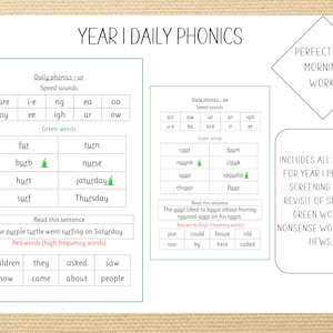Peut inclure: Feuille de travail de phonétique pour les élèves de 1ère année. Comprend des sons rapides, des mots verts et des phrases pour la pratique de la lecture. Contient des mots fréquents et des mots sans signification.