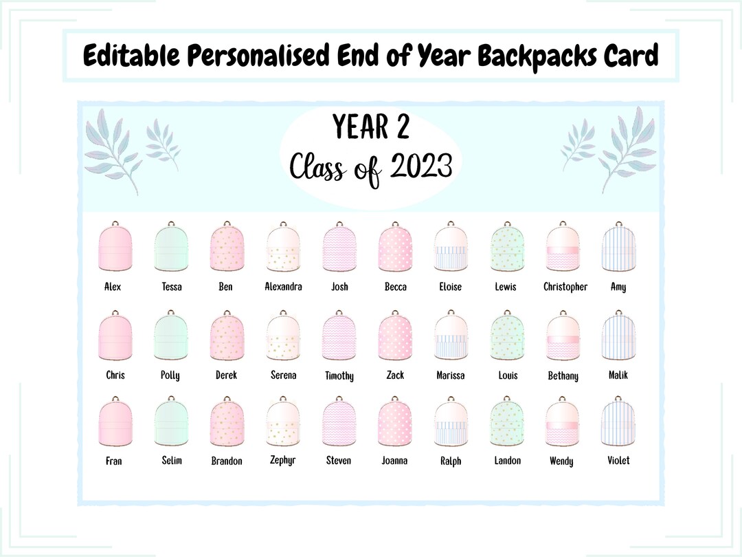 Editable Personalised End of Year Backpacks Card - Etsy