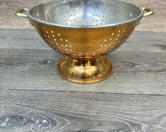 Vintage ODI 9'' Copper Colander Strainer Brass Handles Pedestal Footed Korea