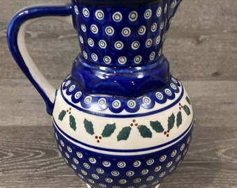 Boleslawiec poterie polonaise pichet fait à la main Pologne eau jus lait 9.5"