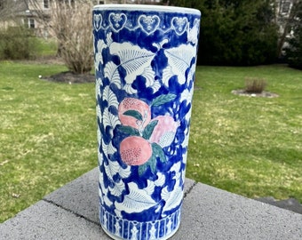 VTG Chinese Umbrella Stand Pink Blue & White Heavy Ceramic Planter 18”Tall