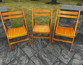 Vintage Mid-Century ROMANIAN Wooden Slatted Folding Chairs ~ SET OF 3