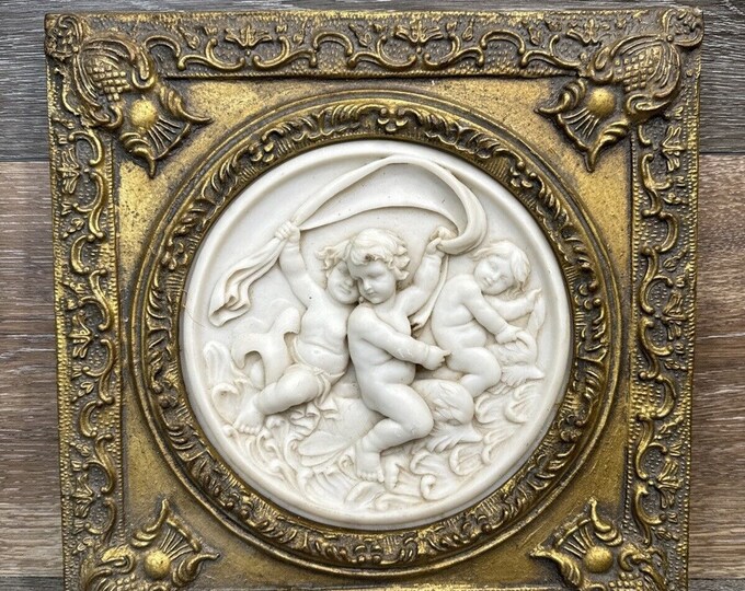 Antique Cast Marble Relief Putti Cherubs Floral Garland Gold Gilt ...