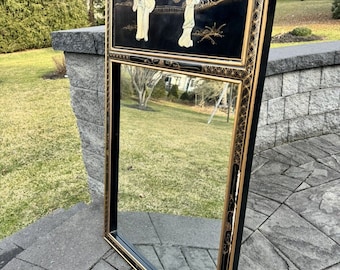 VTG Chinese Black Lacquer Mother of Pearl Panel Oriental Mirror 38x24”