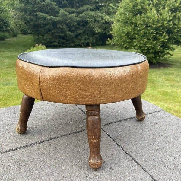 Vintage MCM 14” Small Footstool faux Leather Ottoman Footrest 9.5” Tall