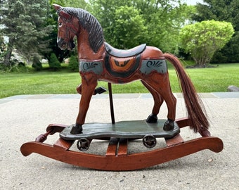 VTG Wooden Carved Carousel Rocking Horse Paint Decor Patina L24xH20xW8”