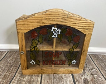 Vintage Wall Mounted Small Wood Cabinet Stained Glass Door "Soup Kitchen"