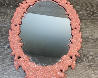 Vintage Oval Ornate Cast Metal Wall Hanging Mirror 16x9” Pink