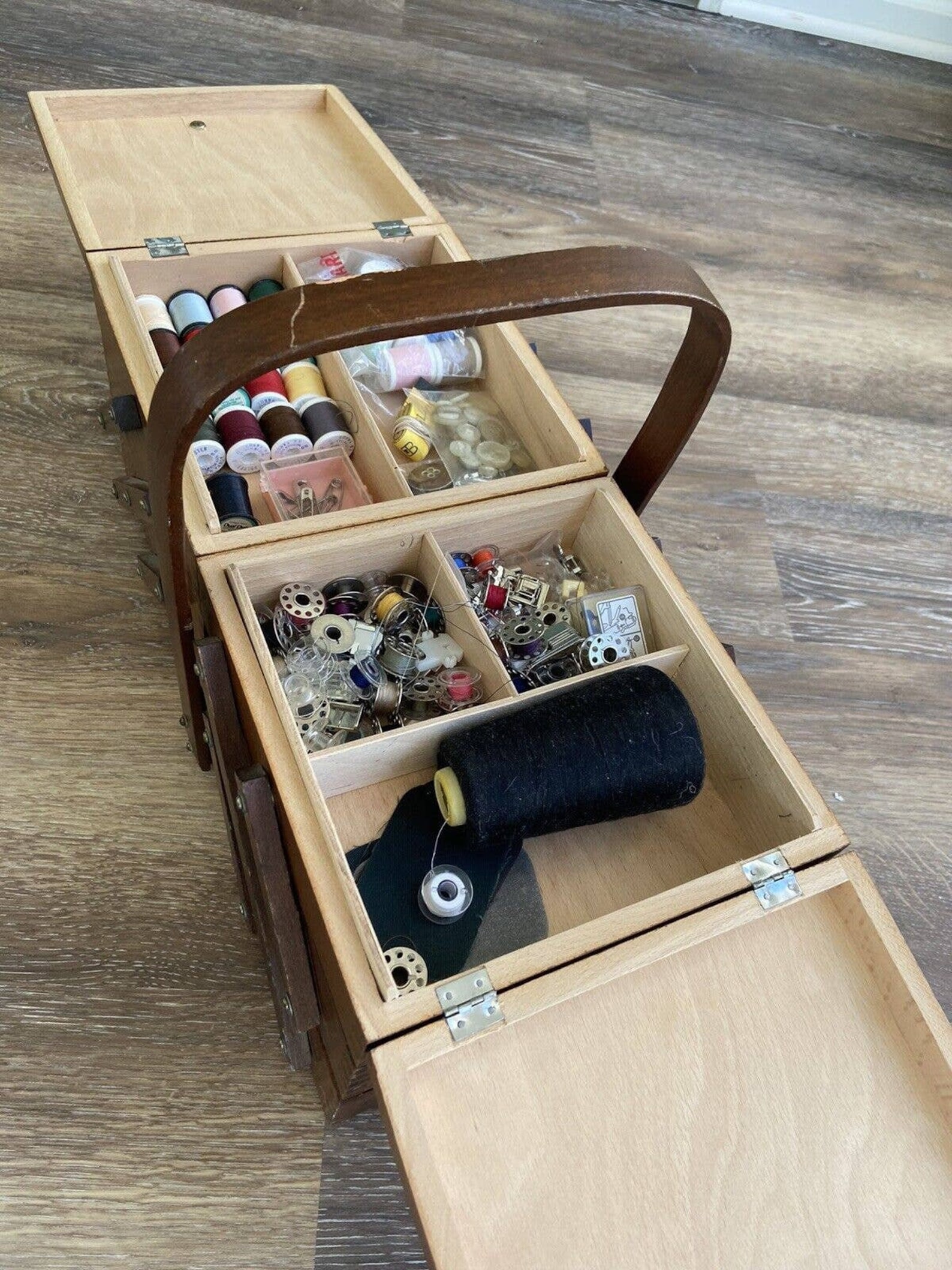 Vintage Wooden Accordion Fold Out Sewing Box With Contents Etsy