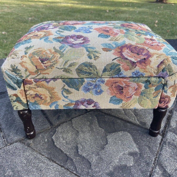 Small Vintage Floral Upholstered Footstool w Hidden Storage Drawer 13.5x11x10”