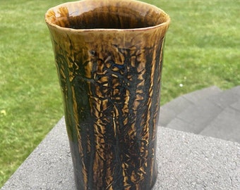 Vintage Japanese Stoneware Ceramic Vase Glazed Bamboo Design 9” Tall