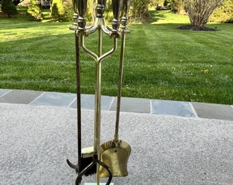 VTG Cast Metal / Brass Heavy 14 Lb Solid 5-Piece Fireplace Tool & Stand Set 30”