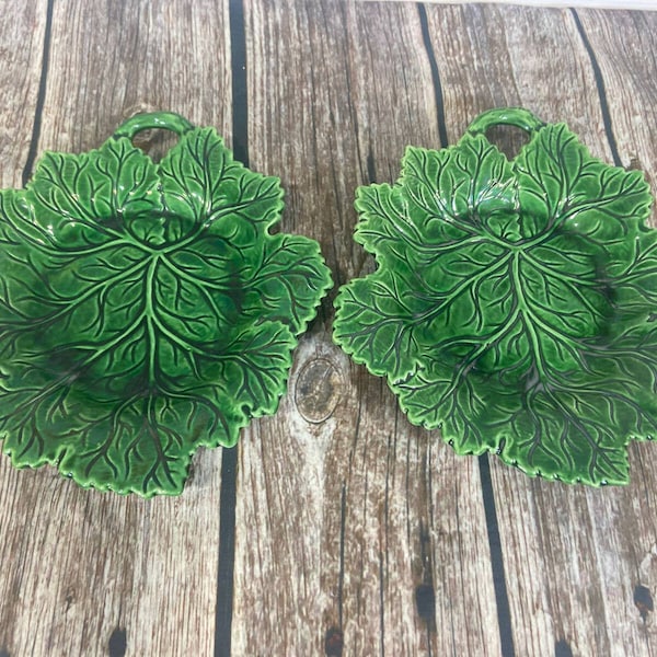 Set of 2 Vintage Green Leaf Dish 9” ~Made in Portugal