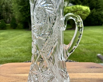 Antique American Brilliant Period Cut Crystal Glass Pitcher Pinwheel 12” Tall