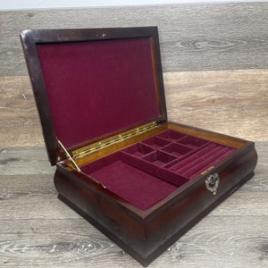 Wood Brass Jewelry Box Mahogany Finished 2 Levels 15x11x6