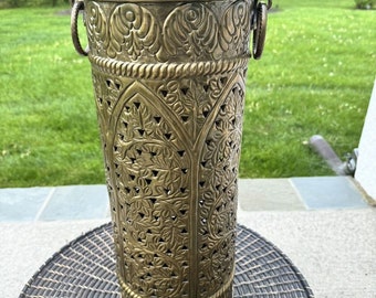 VTG Umbrella Stand with Handles Gold Gilded Metal Finish H19”xD8”