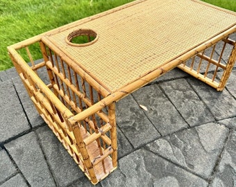Wicker Bamboo Breakfast in Bed Serving Tray Reading Table w/ Magazine Storage
