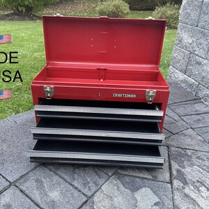 Vintage 1950's Industrial Craftsman Metal Store Display Parts Cabinet Box  With Four Divided Red Plastic Drawers Organizer Storage Cabinet 