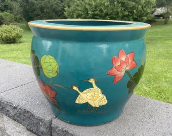 GROSSE chinesische Koi Fish Bowl Pflanztopf Kraniche und Blumen asiatische Vase D13.75x11