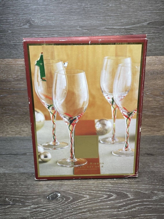 4 Lenox Holiday Ribbon wine glasses blown glass Orange &green twisted lines