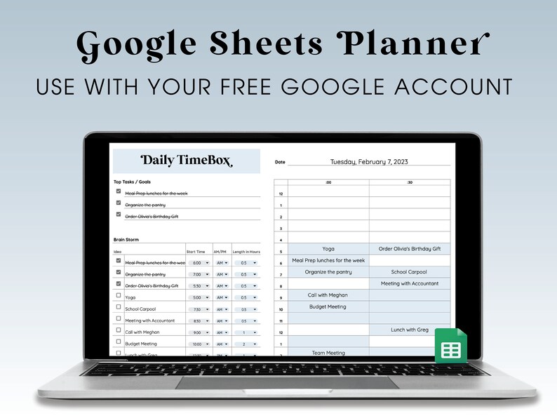 Op de afbeelding: Een laptopcomputer die een Google Sheets-plannertemplate weergeeft met de titel "Daily TimeBox" en een dagschema voor dinsdag 7 februari 2023. De planner bevat een lijst met taken en doelen, een brainstormsectie en een tijdgebaseerd schema voor de dag.