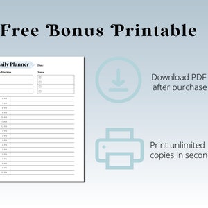 Op de afbeelding: Een printbare dagelijkse planner met secties voor topprioriteiten, notities en een tijdschema van 6:00 uur tot 22:00 uur. Download de PDF na aankoop en print onbeperkt kopie&euml;n.