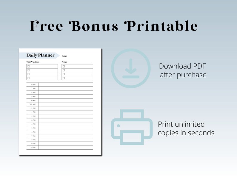 Op de afbeelding: Een printbare dagelijkse planner met secties voor topprioriteiten, notities en een tijdschema van 6:00 uur tot 22:00 uur. Download de PDF na aankoop en print onbeperkt kopie&euml;n.