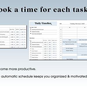 Op de afbeelding: Een blauwe en witte dagelijkse planner met de titel "Daily TimeBox" en de datum "Dinsdag 7 februari 2023". De planner is verdeeld in secties voor "Top Tasks/Goals", "Brain Storm" en "Brain Storm". Elke sectie heeft een lijst met taken met selectievakjes en ruimte om de starttijd, AM/PM en de duur in uren in te voeren.