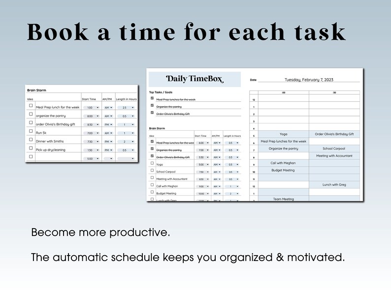 Op de afbeelding: Een blauwe en witte dagelijkse planner met de titel "Daily TimeBox" en de datum "Dinsdag 7 februari 2023". De planner is verdeeld in secties voor "Top Tasks/Goals", "Brain Storm" en "Brain Storm". Elke sectie heeft een lijst met taken met selectievakjes en ruimte om de starttijd, AM/PM en de duur in uren in te voeren.