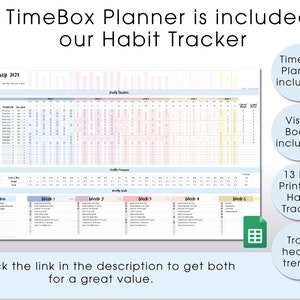 Op de afbeelding: Een printbare kalender voor januari 2023 met een TimeBox-planner, een vision board en 13 gratis printbare gewoontetrackers. De kalender heeft een lichtblauw en roze kleurenschema met een rasterindeling. De tekst "Klik op de link in de beschrijving om beide te krijgen voor een geweldige waarde." staat onderaan de afbeelding.