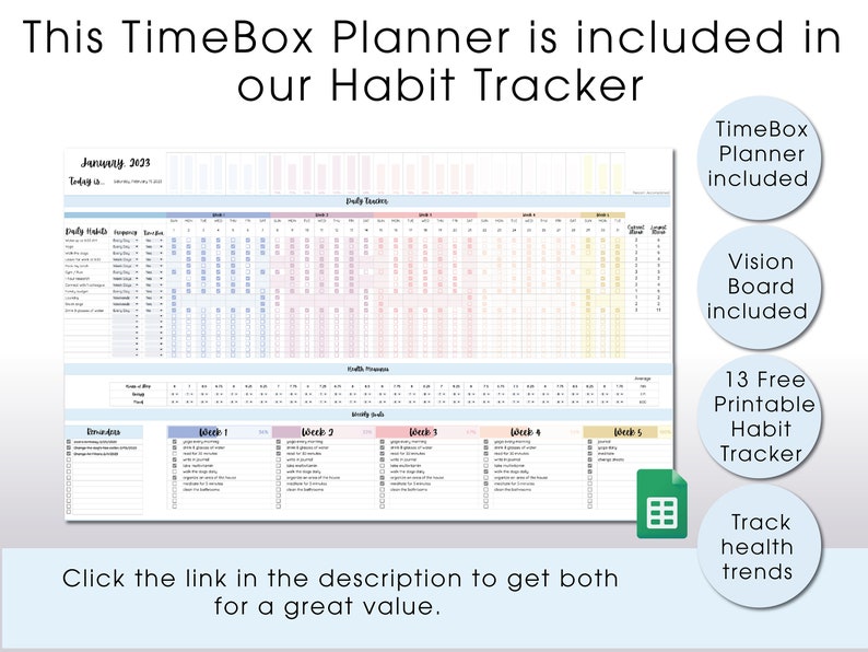 Op de afbeelding: Een printbare kalender voor januari 2023 met een TimeBox-planner, een vision board en 13 gratis printbare gewoontetrackers. De kalender heeft een lichtblauw en roze kleurenschema met een rasterindeling. De tekst "Klik op de link in de beschrijving om beide te krijgen voor een geweldige waarde." staat onderaan de afbeelding.