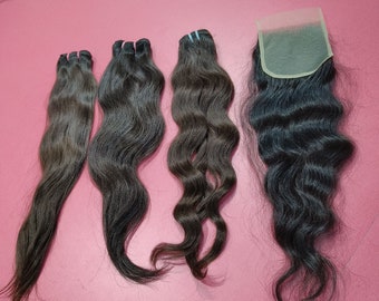 Virgin Human Hair Extensions Bundle with Closure Natural Wavy Indian Black Bundle Deal with Closures