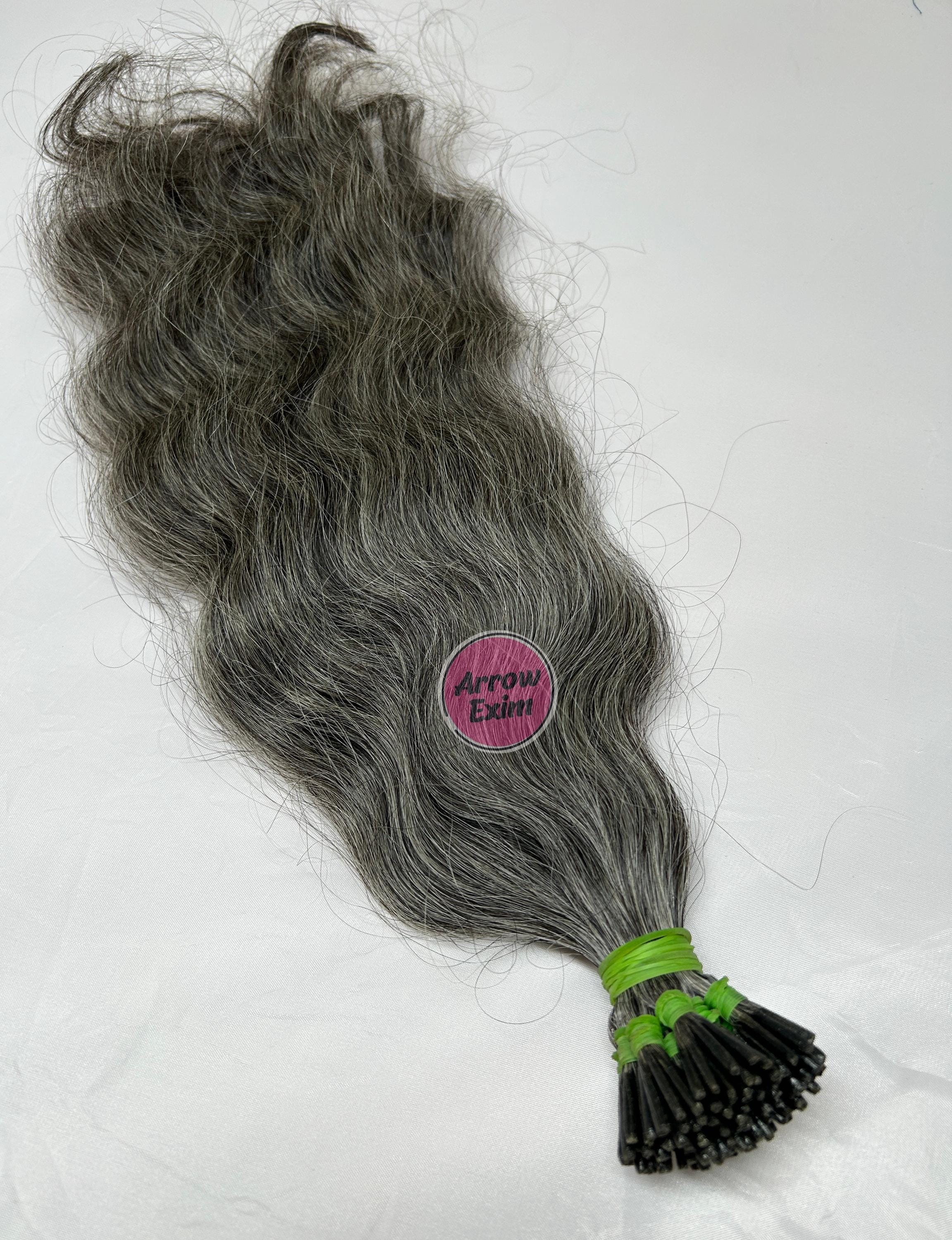 Grey Wavy I-Tip Human Hair Extensions: Pre-Bonded Indian Temple Hair