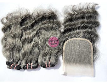 Gray Wavy Human Hair Bundles with Closure | Raw Unprocessed Remy Salt & Pepper Weave Set