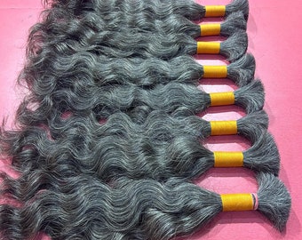 Non-weft raw bulk grey Curly human hair extensions unprocessed Braiding hair from Donors