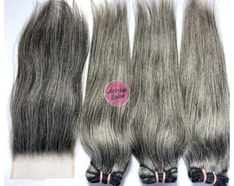 3 Grey Straight Human Hair Bundles Lace Closure | Virgin Remy Sew In Weave Set