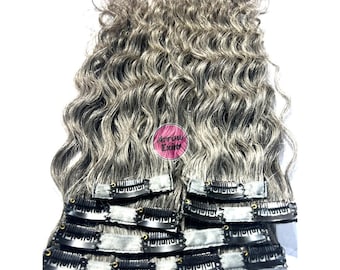 Grey Curly Clip In Hair Extensions | Raw Indian Remy Human Hair Salt & Pepper, Seamless Full Head Set for Women