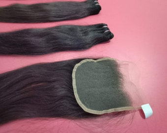 Remy straight hair Extensions Bundle with Closure Virgin Indian Human Hair Natural Black Bundle Deal with Closures