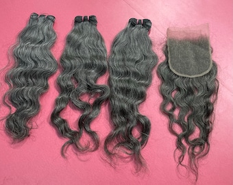 Natural Raw Unprocessed Gray Wavy Human Hair Extensions Bundles with Closure